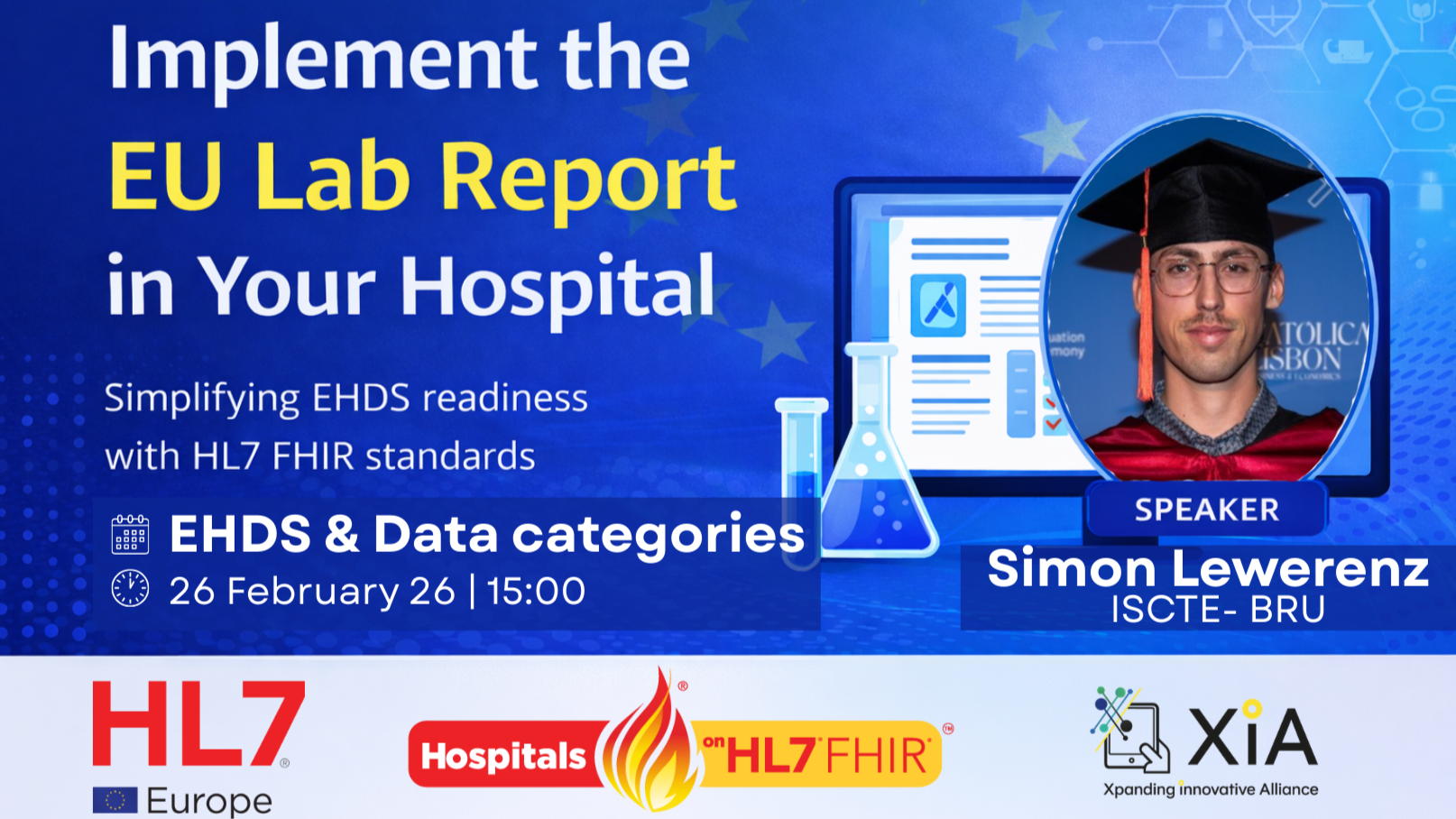 Webinar banner – Hospitals on FHIR – EHDS & Data Categories – Simon Lewerenz – 26 February 2026