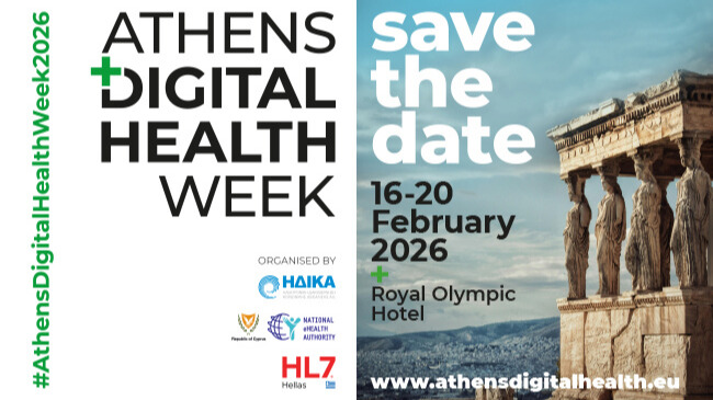 Banner – Athens Digital Health Week 2026, 16–20 February 2026, Royal Olympic Hotel, organised by HAISA, National Health Authority and HL7 Hellas