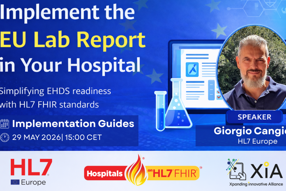 Webinar banner for Hospitals on FHIR 2026 series featuring Giorgio Cangioli on FHIR Implementation Guides (HL7 Europe & XiA).