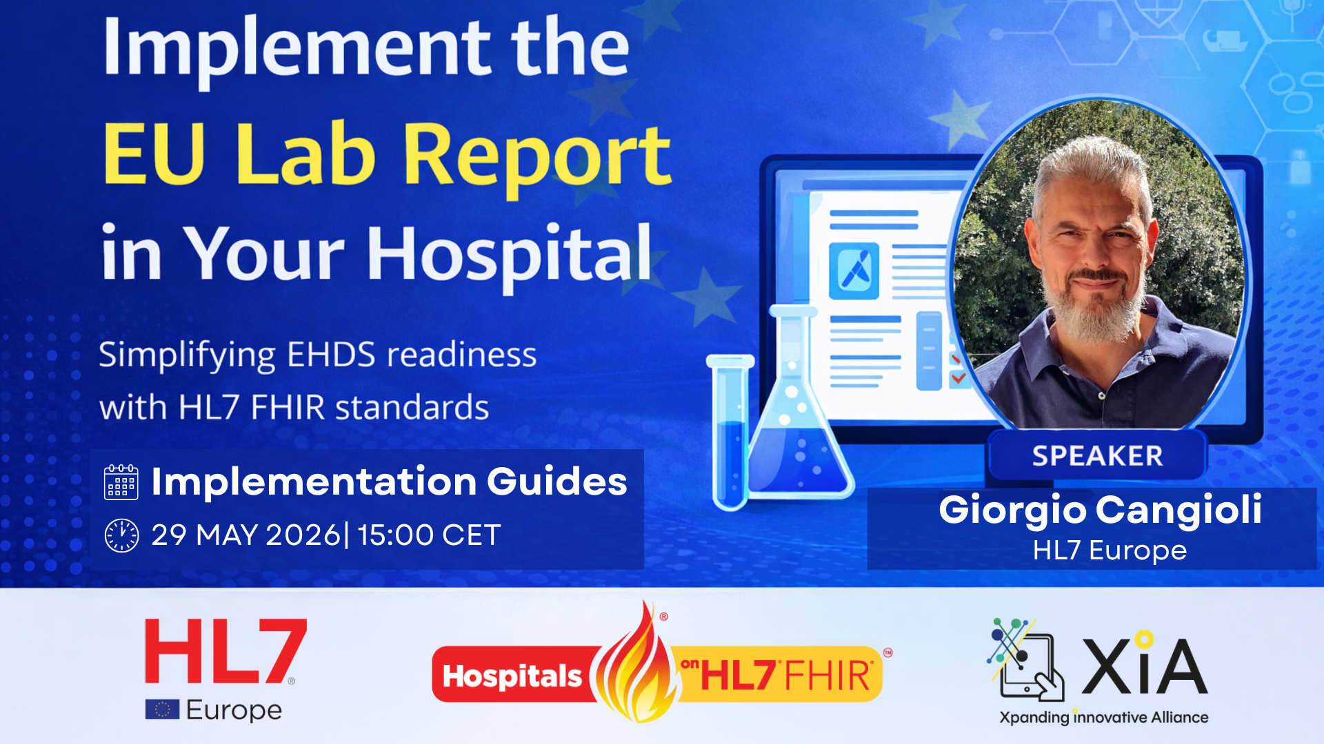 Webinar banner for Hospitals on FHIR 2026 series featuring Giorgio Cangioli on FHIR Implementation Guides (HL7 Europe & XiA).