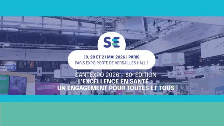 Promotional visual for SantExpo 2026 – 60th edition, 19–21 May 2026, Paris Expo Porte de Versailles Hall 1